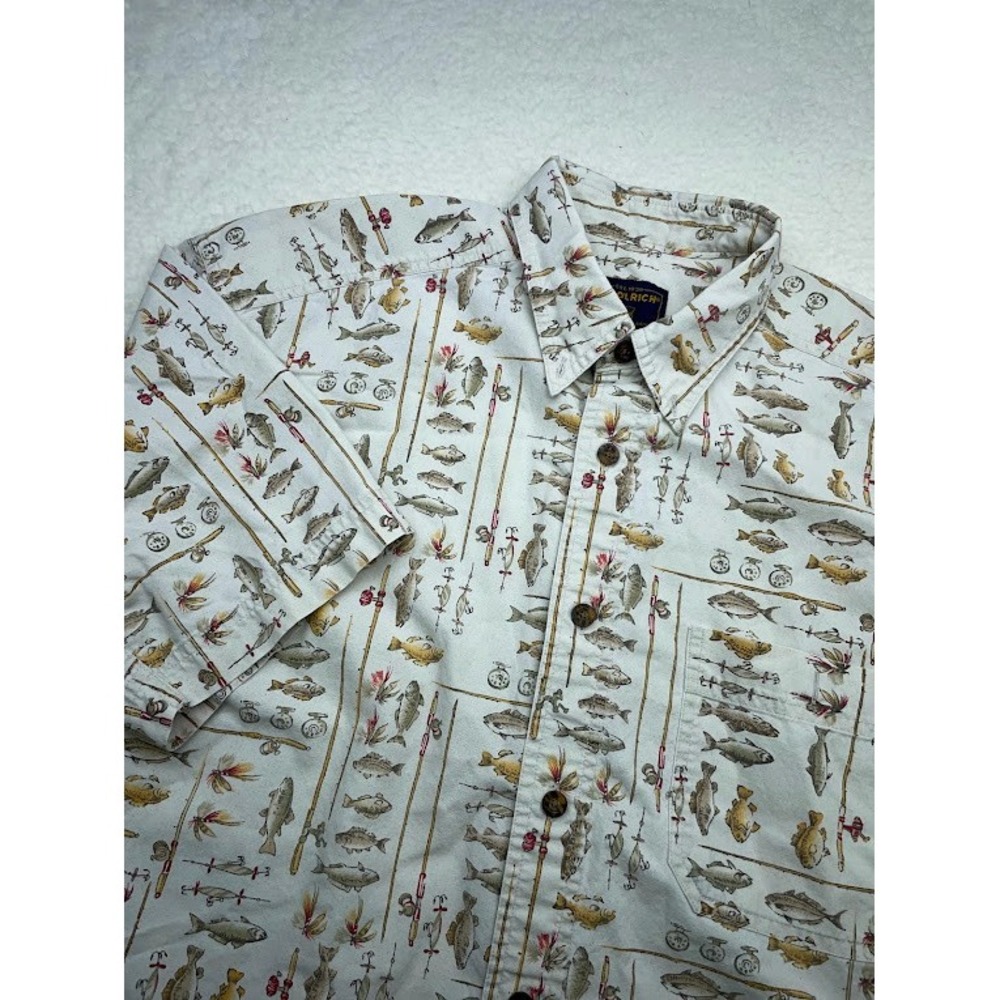 Woolrich Fishing Print Short Sleeve Button Up Shirt Mens Medium beige Camp